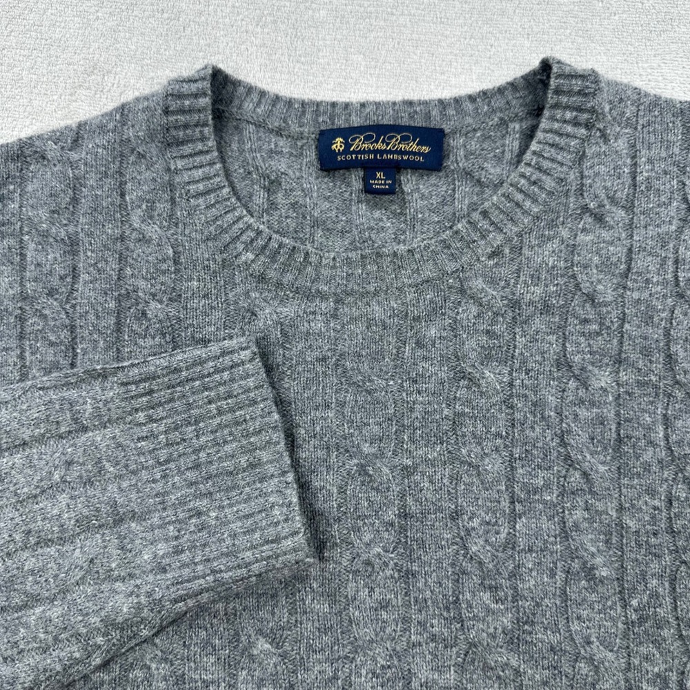 Brooks Brothers Sweater Mens XL Gray Cable Knit Scottish Lambswool Crew Neck